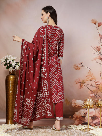 Maroon Bandhani Printed & Embroidered Cotton Straight Kurta Pant Dupatta Set