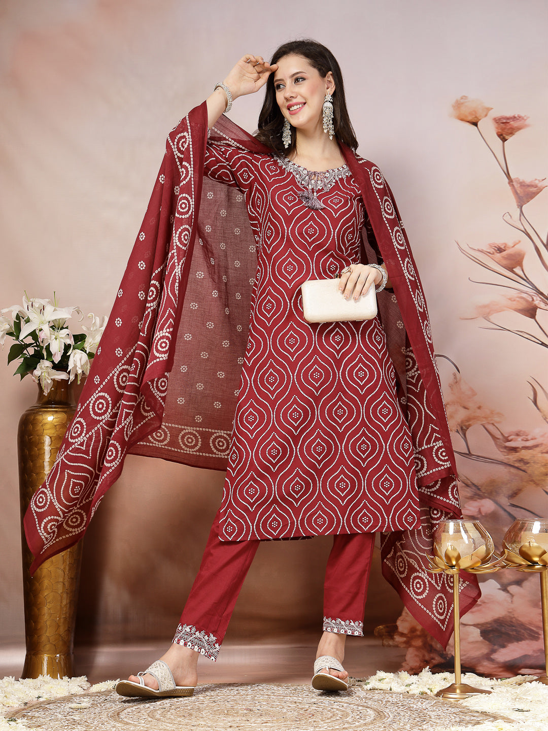 Maroon Bandhani Printed & Embroidered Cotton Straight Kurta Pant Dupatta Set