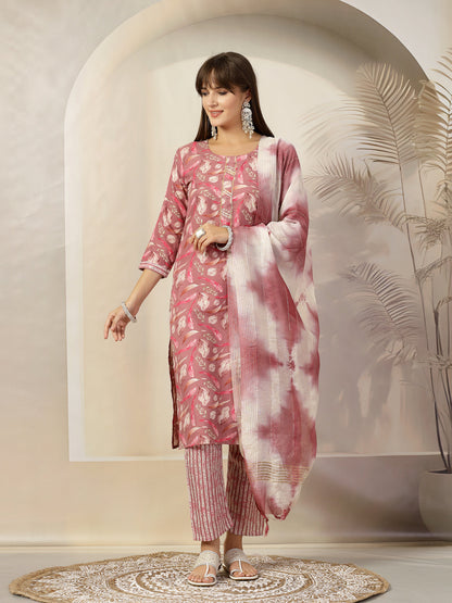 Mauve Tropical Printed Cotton Blend Straight Kurta Pant Dupatta Set