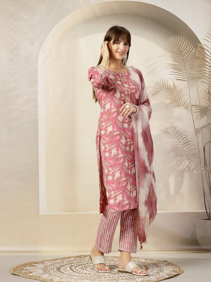 Mauve Tropical Printed Cotton Blend Straight Kurta Pant Dupatta Set