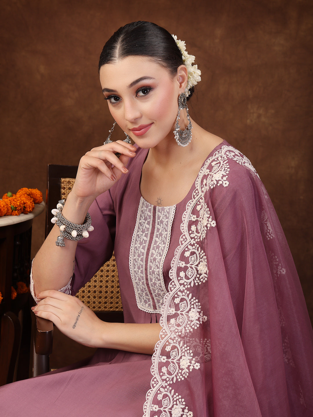 Mauve Embroidered Silk Blend Straight Kurta Pant Dupatta Set