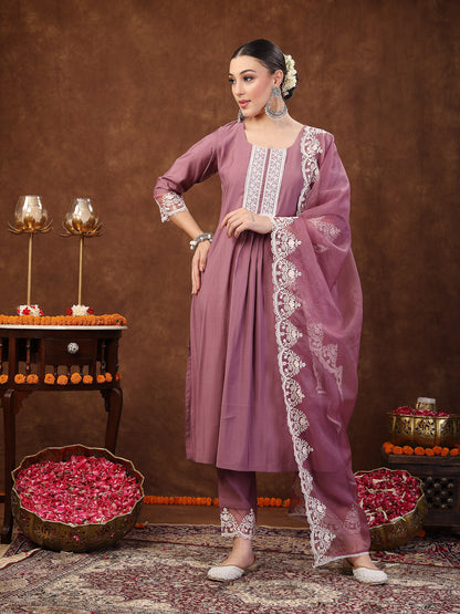 Mauve Embroidered Silk Blend Straight Kurta Pant Dupatta Set