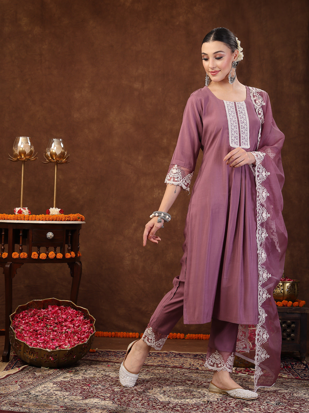 Mauve Embroidered Silk Blend Straight Kurta Pant Dupatta Set