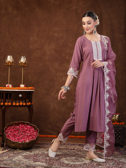 Mauve Embroidered Silk Blend Straight Kurta Pant Dupatta Set