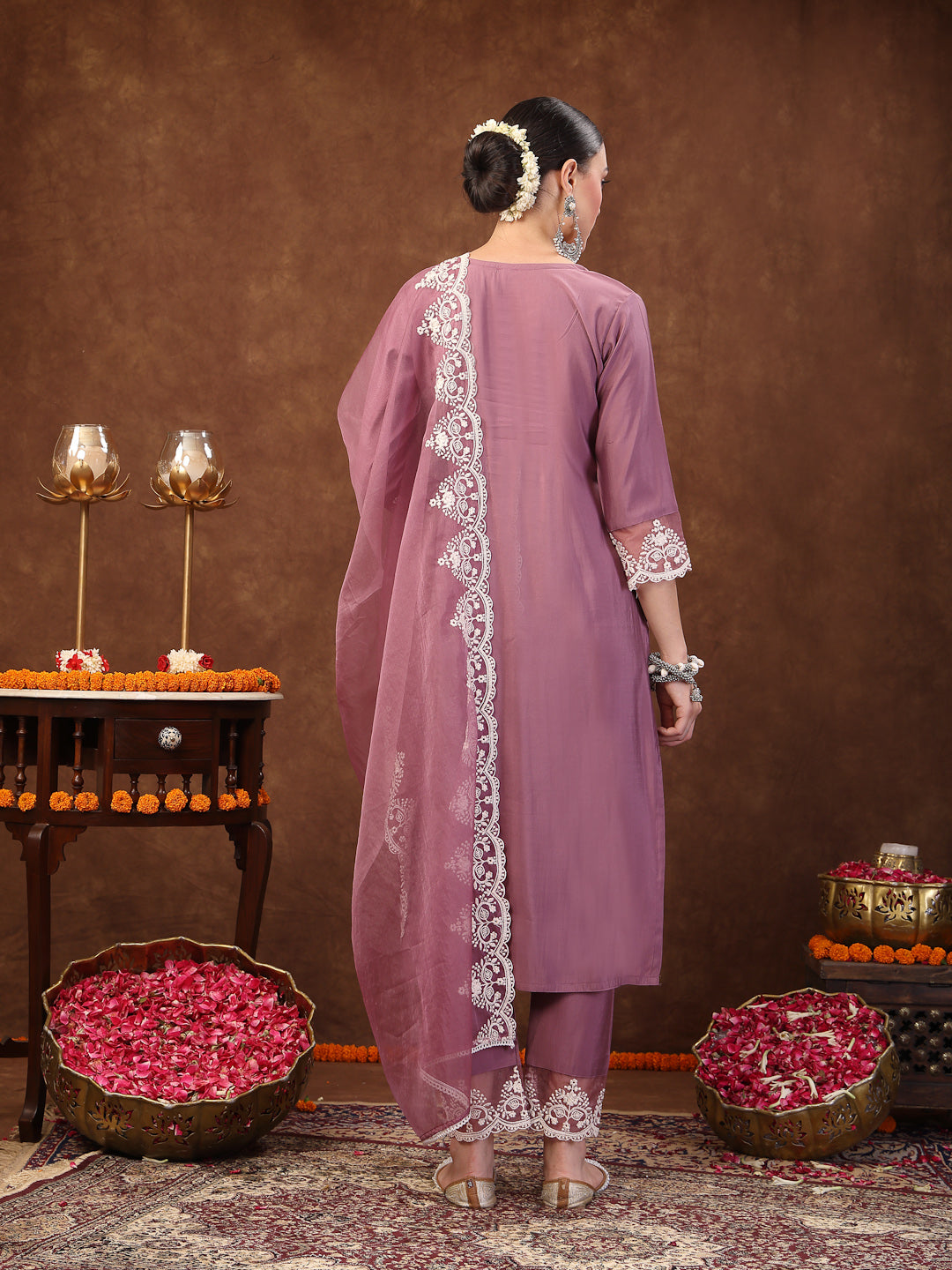 Mauve Embroidered Silk Blend Straight Kurta Pant Dupatta Set