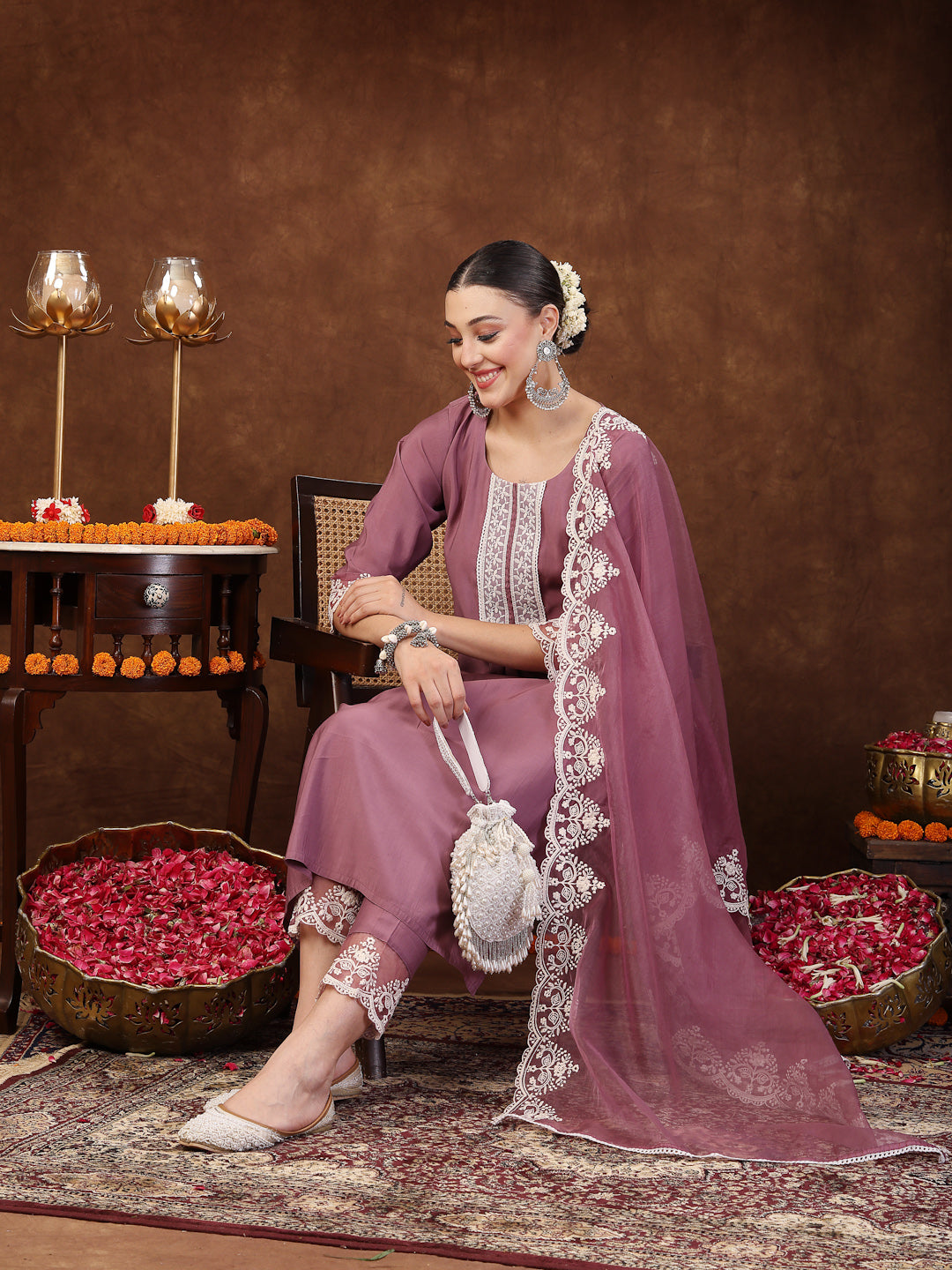 Mauve Embroidered Silk Blend Straight Kurta Pant Dupatta Set