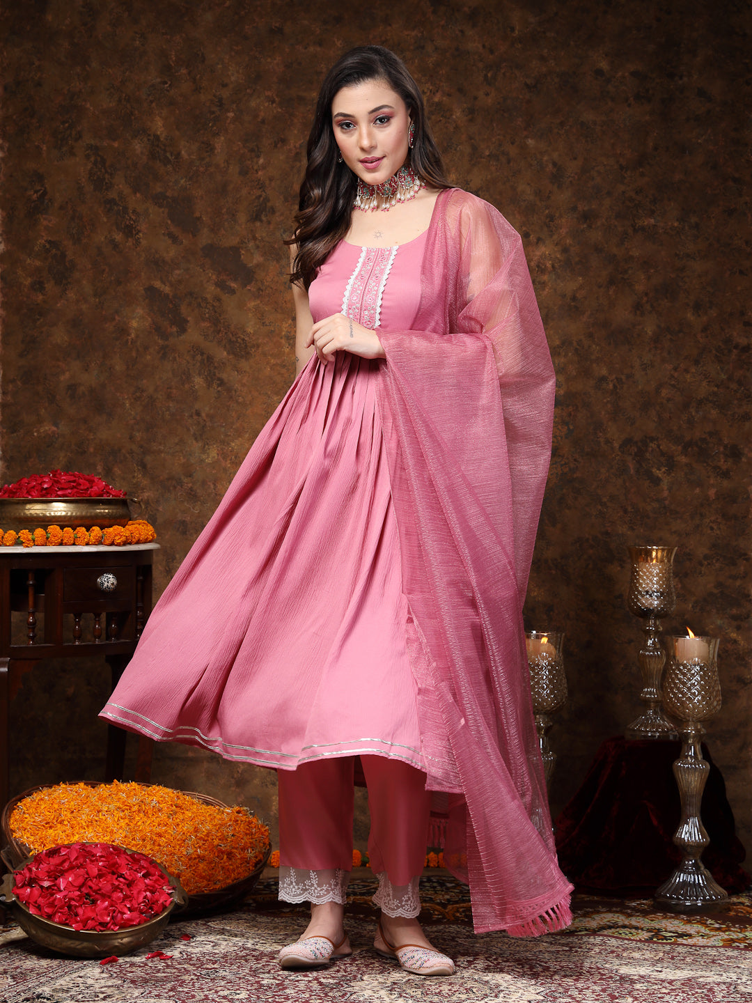 Mulberry Pink Solid & Embroidered Italian Crush Anarkali Kurta Pant Dupatta Set