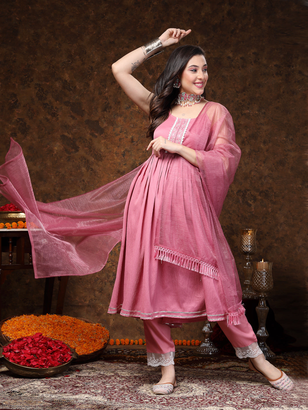 Mulberry Pink Solid & Embroidered Italian Crush Anarkali Kurta Pant Dupatta Set