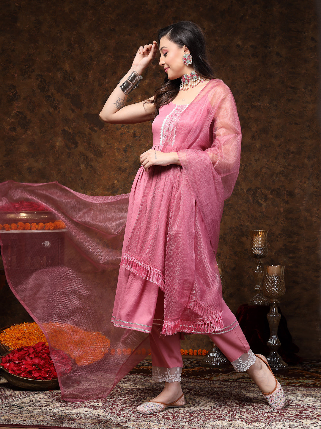 Mulberry Pink Solid & Embroidered Italian Crush Anarkali Kurta Pant Dupatta Set