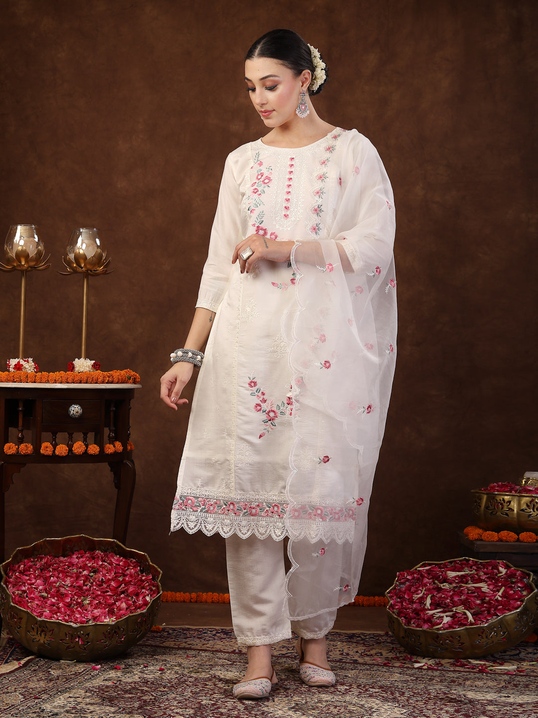 Off White Embroidered Silk Straight Kurta Pant Dupatta Set