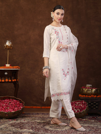 Off White Embroidered Silk Straight Kurta Pant Dupatta Set