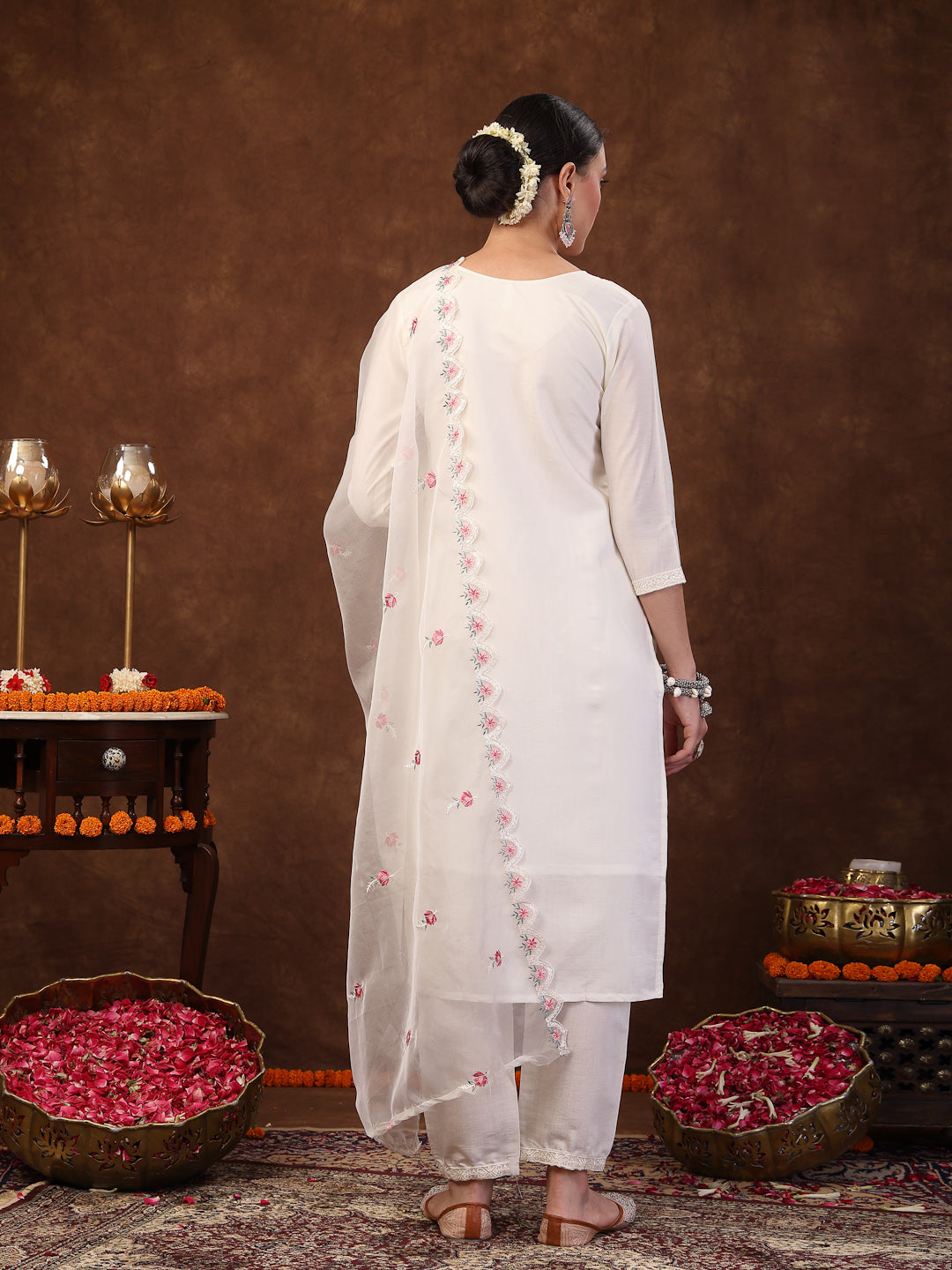 Off White Embroidered Silk Straight Kurta Pant Dupatta Set