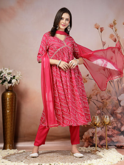 Bandhej Printed Rayon Alia Cut Kurta Pant Dupatta Set