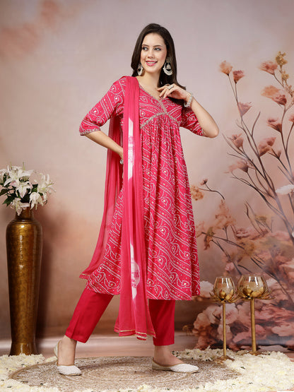 Bandhej Printed Rayon Alia Cut Kurta Pant Dupatta Set