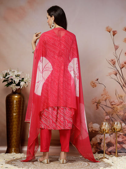 Bandhej Printed Rayon Alia Cut Kurta Pant Dupatta Set