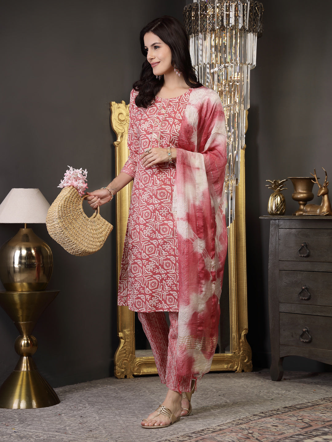 Pink Ethnic Printed Cotton Blend Straight Kurta Pant Dupatta Set