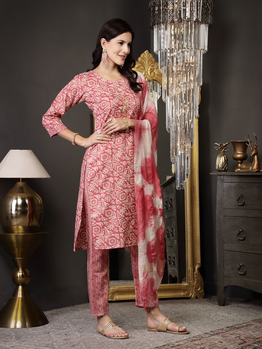 Pink Ethnic Printed Cotton Blend Straight Kurta Pant Dupatta Set