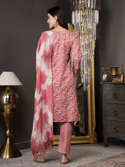 Pink Ethnic Printed Cotton Blend Straight Kurta Pant Dupatta Set