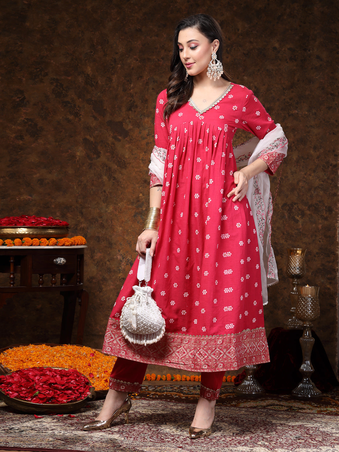 Pink Printed & Embroidered Rayon Anarkali Kurta Pant Dupatta Set