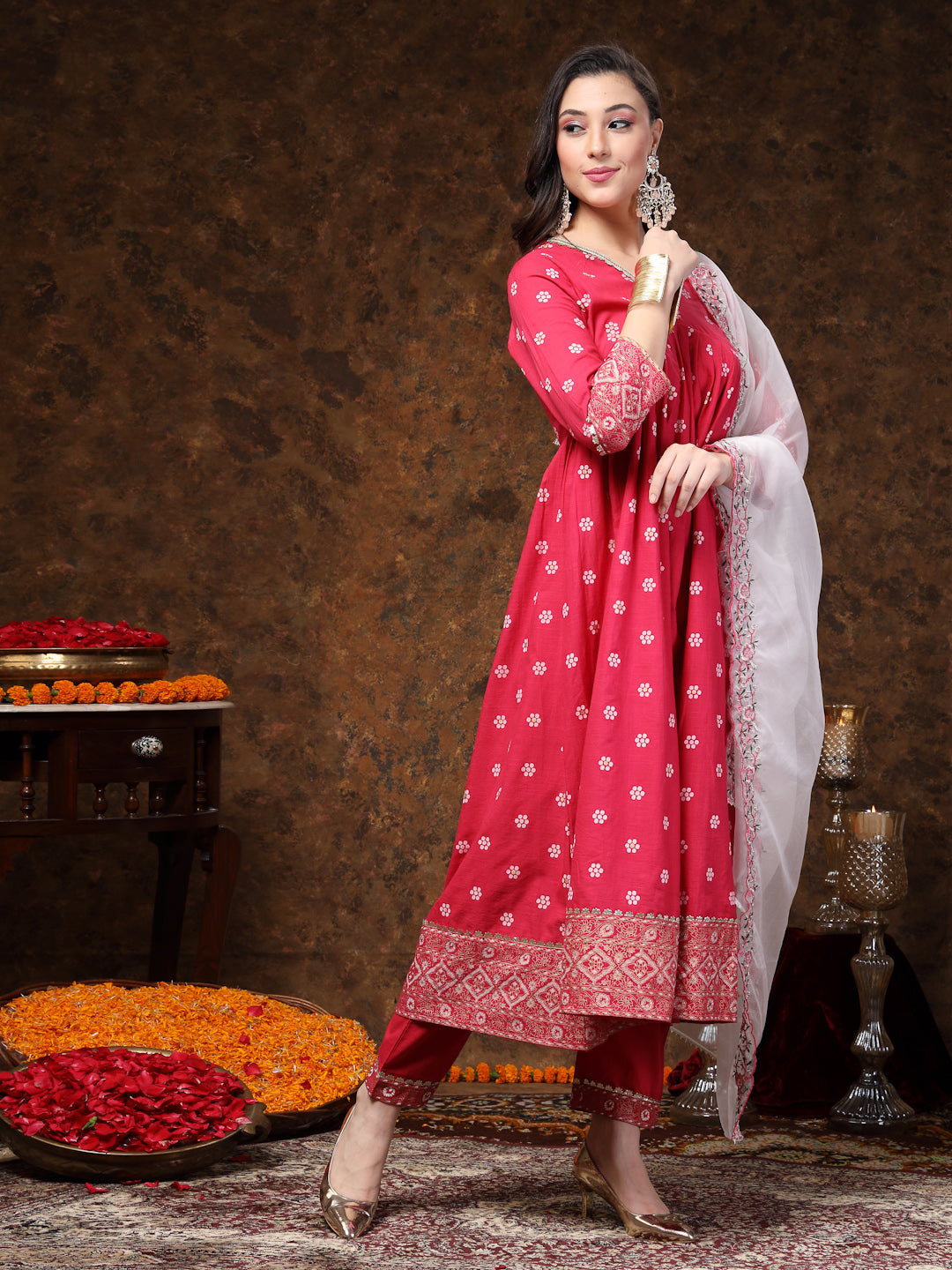 Pink Printed & Embroidered Rayon Anarkali Kurta Pant Dupatta Set