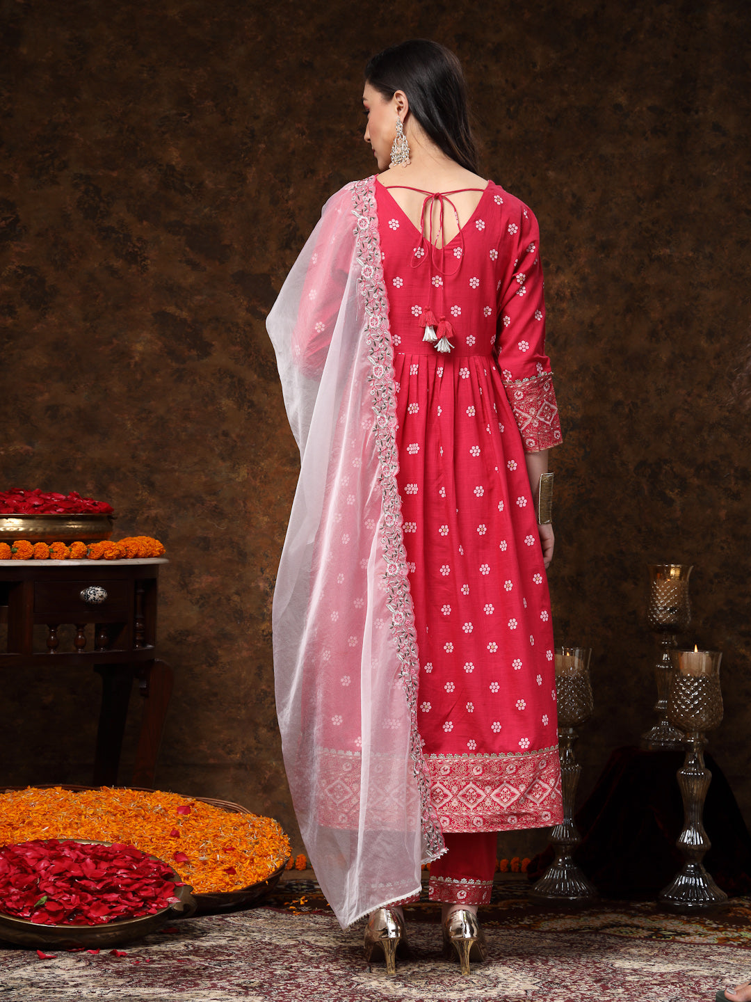 Pink Printed & Embroidered Rayon Anarkali Kurta Pant Dupatta Set