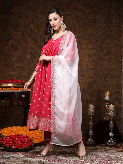 Pink Printed & Embroidered Rayon Anarkali Kurta Pant Dupatta Set