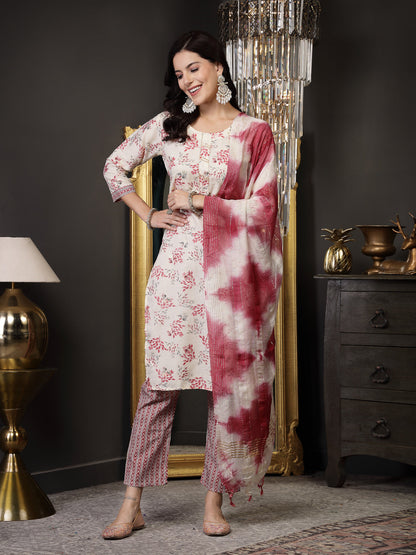 Pink Tropical Printed Cotton Blend Straight Kurta Pant Dupatta Set