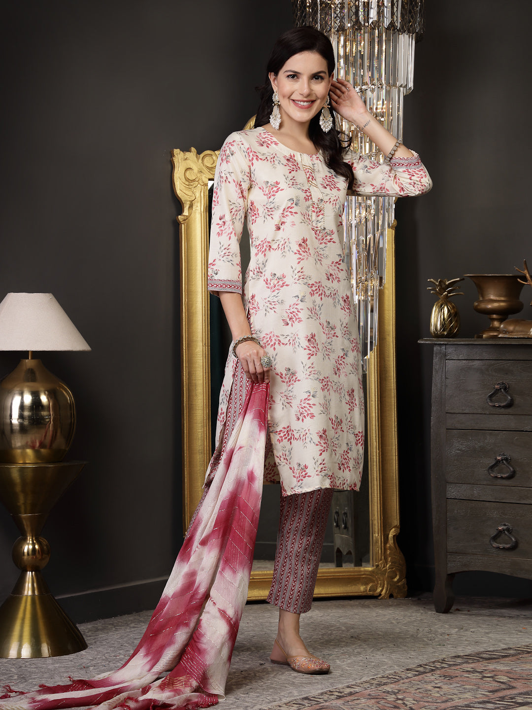 Pink Tropical Printed Cotton Blend Straight Kurta Pant Dupatta Set