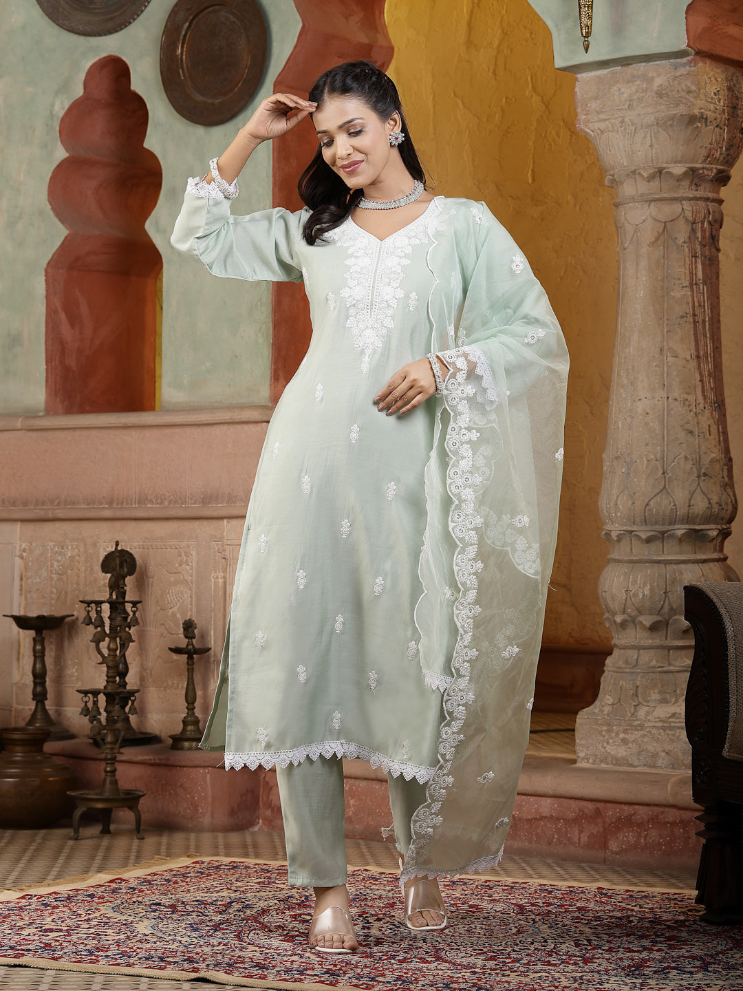 Pista Green Solid & Embroidered Silk Straight Kurta Pant Dupatta Set