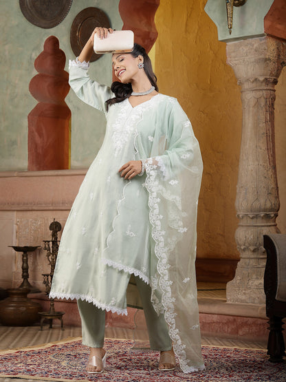 Pista Green Solid & Embroidered Silk Straight Kurta Pant Dupatta Set