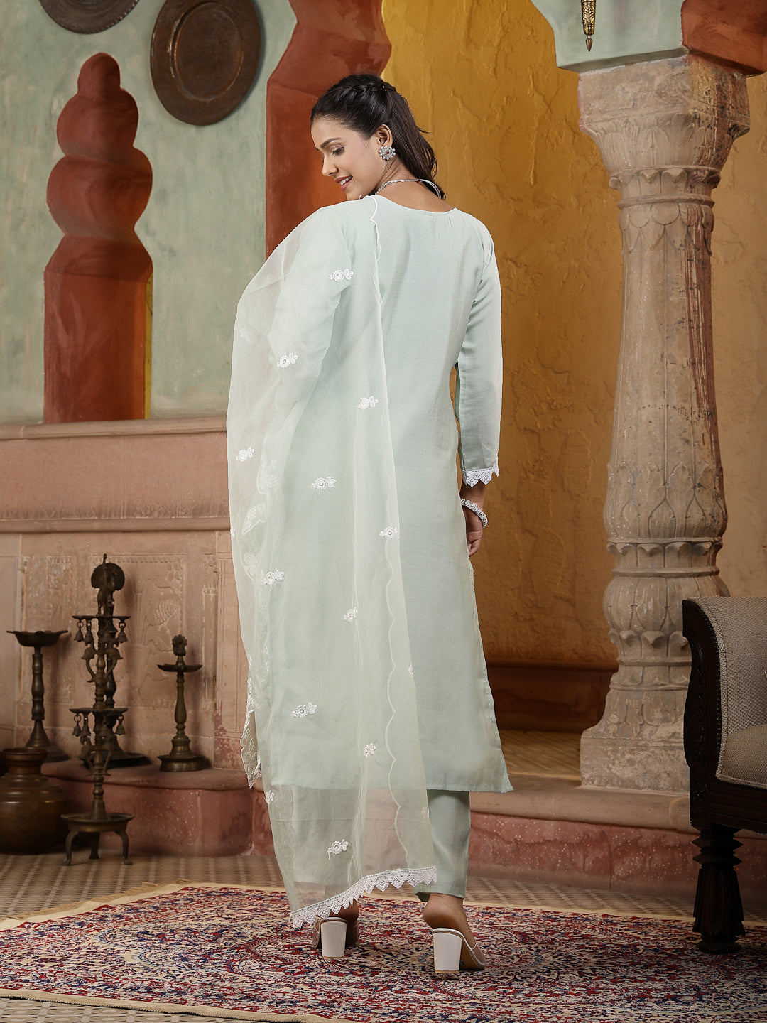 Pista Green Solid & Embroidered Silk Straight Kurta Pant Dupatta Set