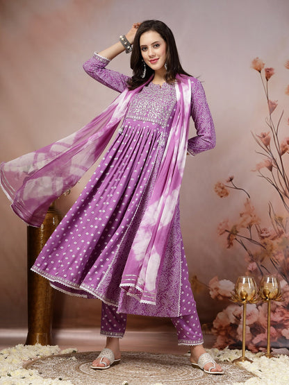 Purple Bandhej Printed Rayon Flared Kurta Pant Dupatta Set