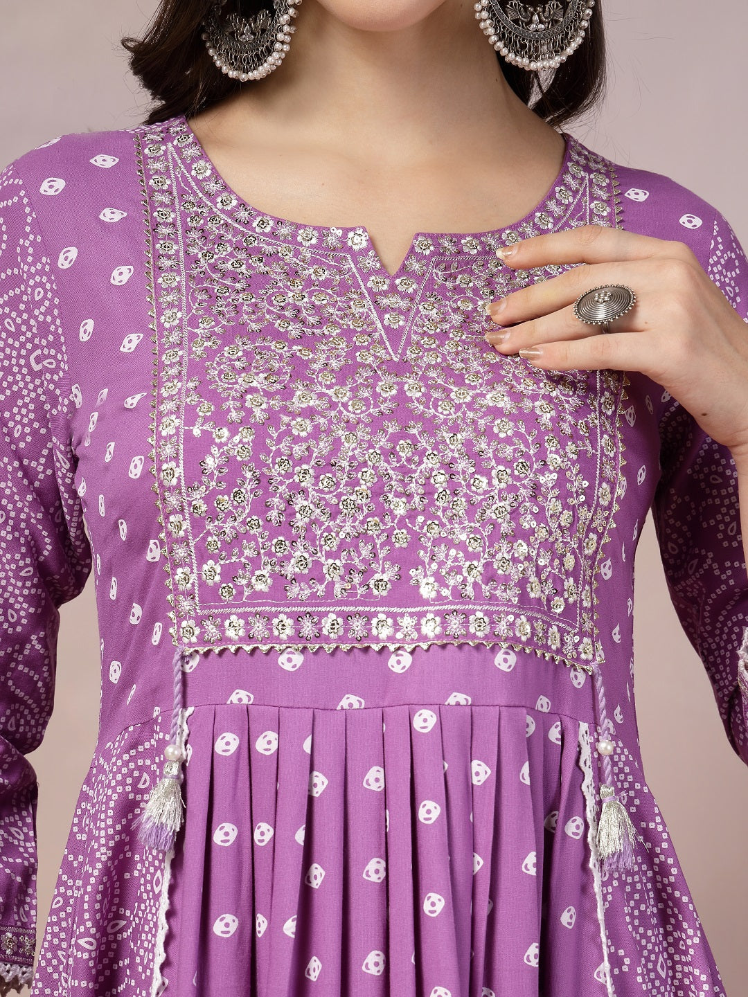 Purple Bandhej Printed Rayon Flared Kurta Pant Dupatta Set