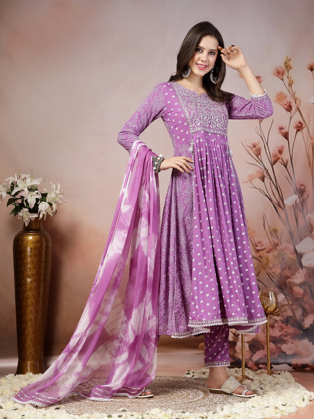 Purple Bandhej Printed Rayon Flared Kurta Pant Dupatta Set