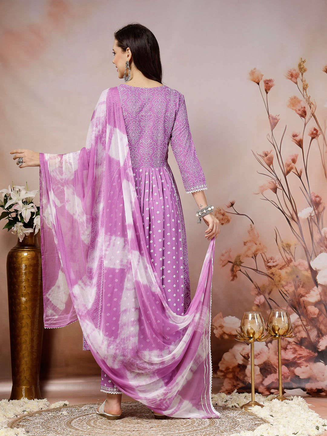 Purple Bandhej Printed Rayon Flared Kurta Pant Dupatta Set