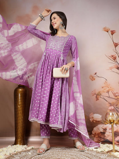 Purple Bandhej Printed Rayon Flared Kurta Pant Dupatta Set