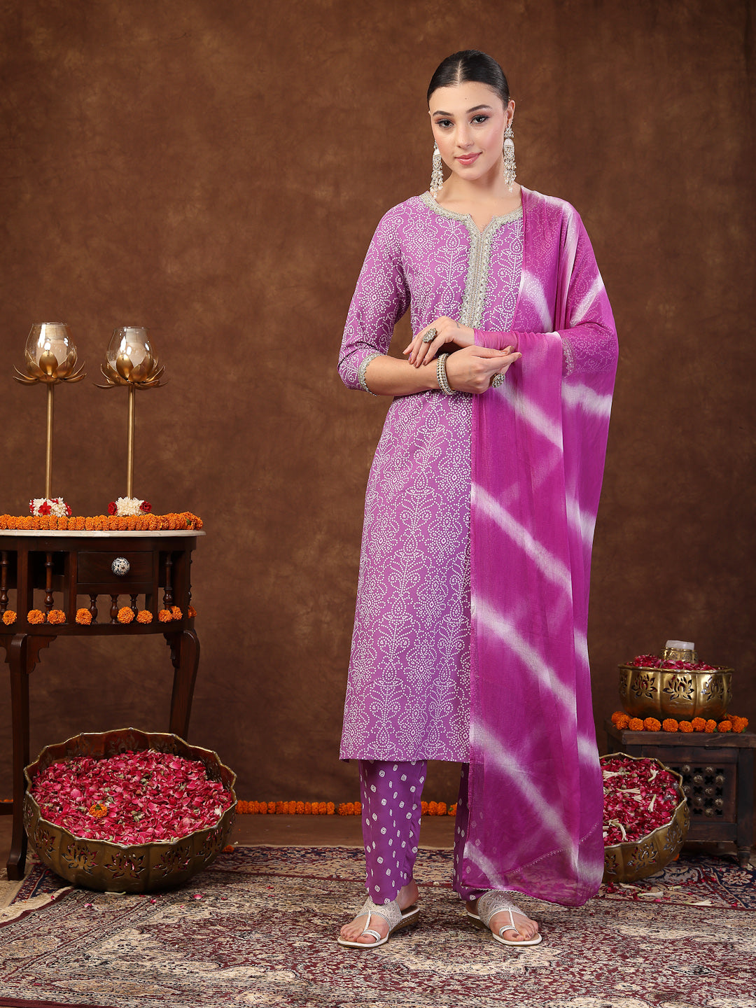 Purple Bandhani Printed Rayon Straight Kurta Pant Dupatta Set