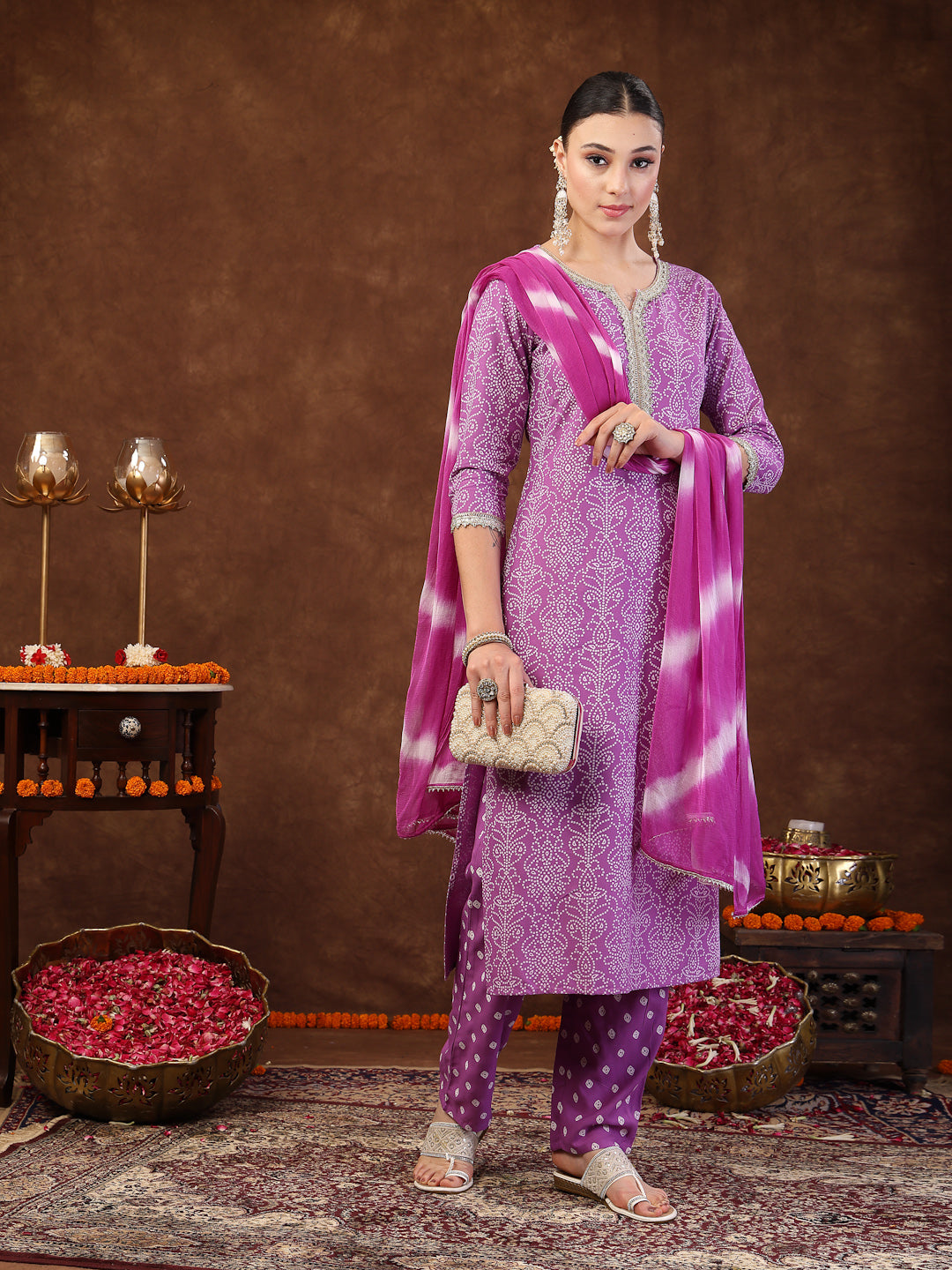 Purple Bandhani Printed Rayon Straight Kurta Pant Dupatta Set