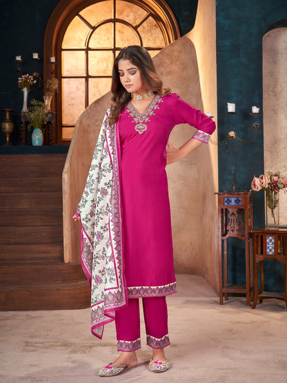 Magenta Solid & Embroidered Silk Straight Kurta Pant Dupatta Set