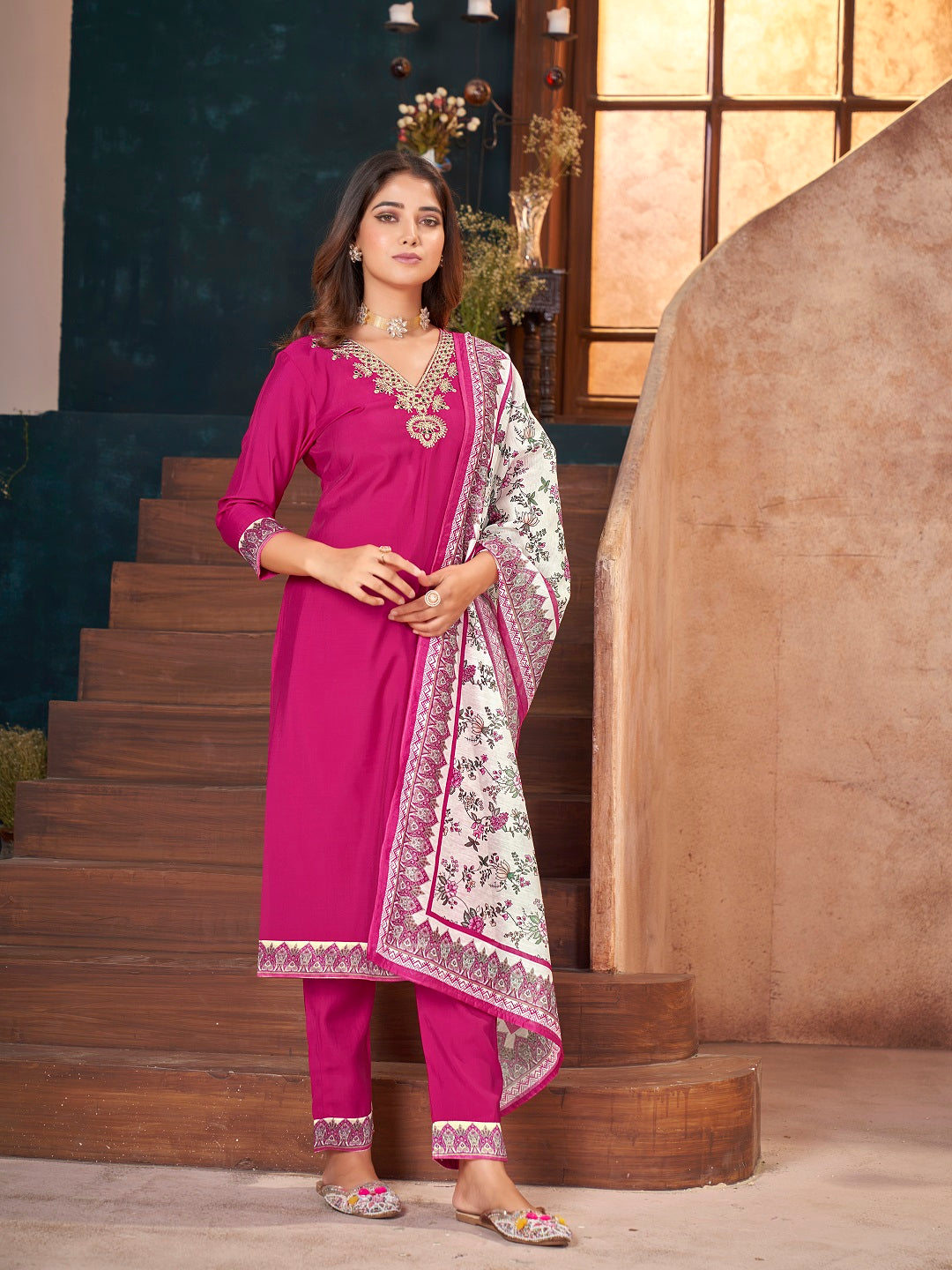 Magenta Solid & Embroidered Silk Straight Kurta Pant Dupatta Set