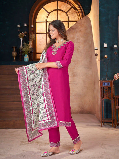 Magenta Solid & Embroidered Silk Straight Kurta Pant Dupatta Set