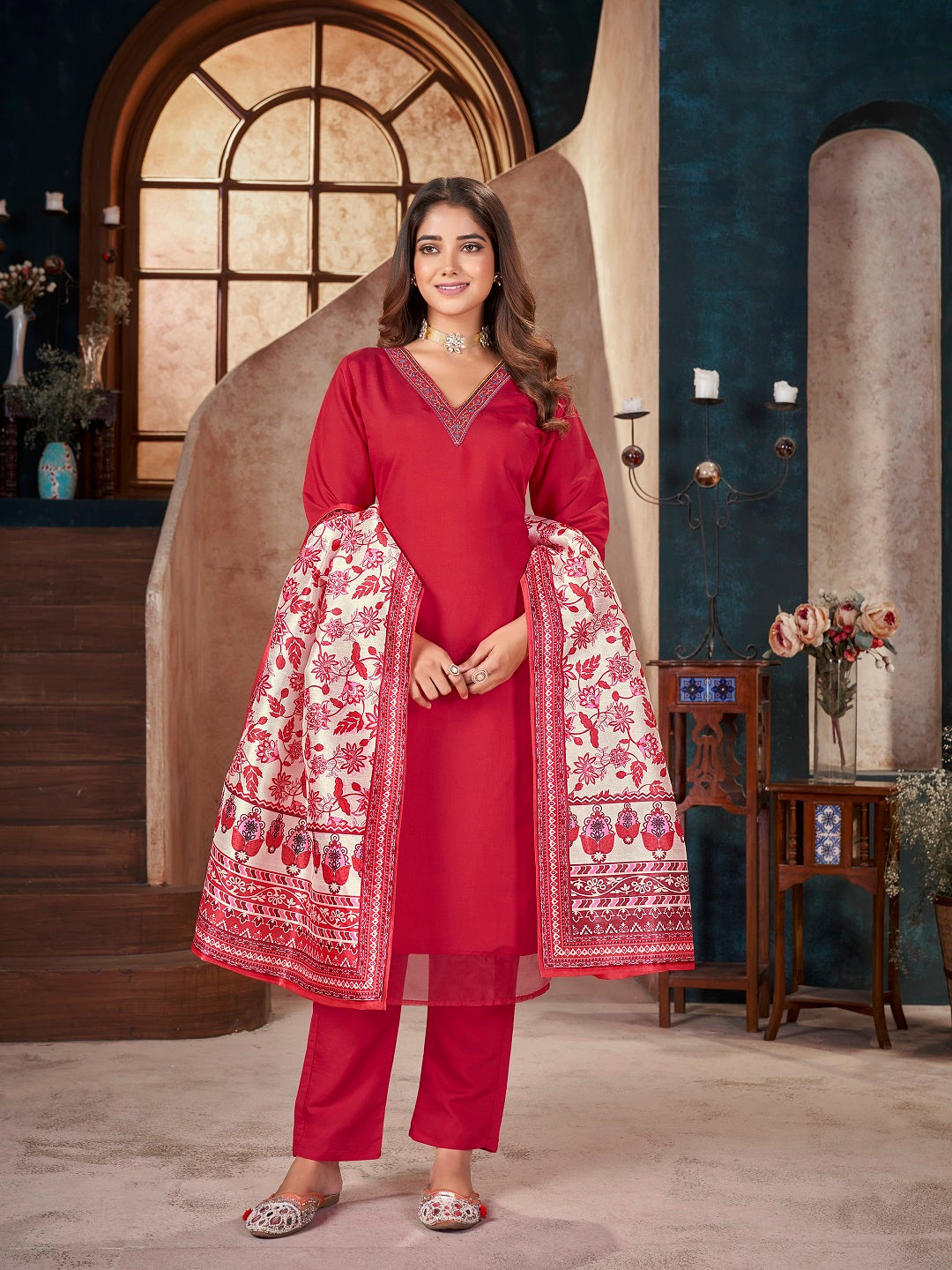 Red Solid & Embroidered Silk Straight Kurta Pant Dupatta Set