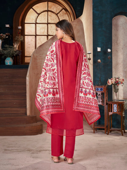 Red Solid & Embroidered Silk Straight Kurta Pant Dupatta Set