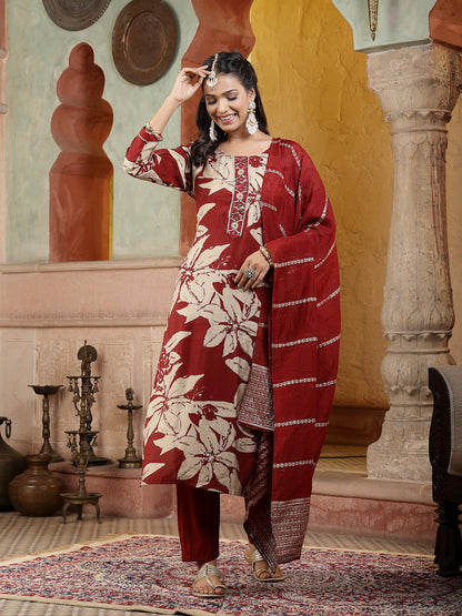 Red Tropical Printed Muslin Straight Silk Kurta Pant Dupatta Set