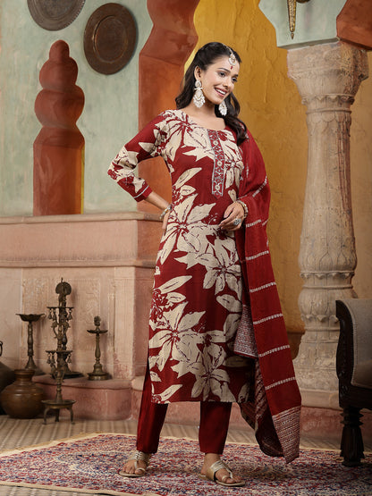 Red Tropical Printed Muslin Straight Silk Kurta Pant Dupatta Set