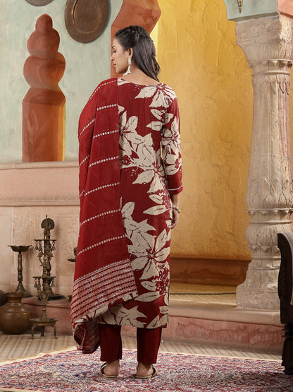 Red Tropical Printed Muslin Straight Silk Kurta Pant Dupatta Set