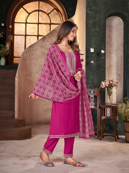 Rose Solid & Embroidered Silk Straight Kurta Pant Dupatta Set