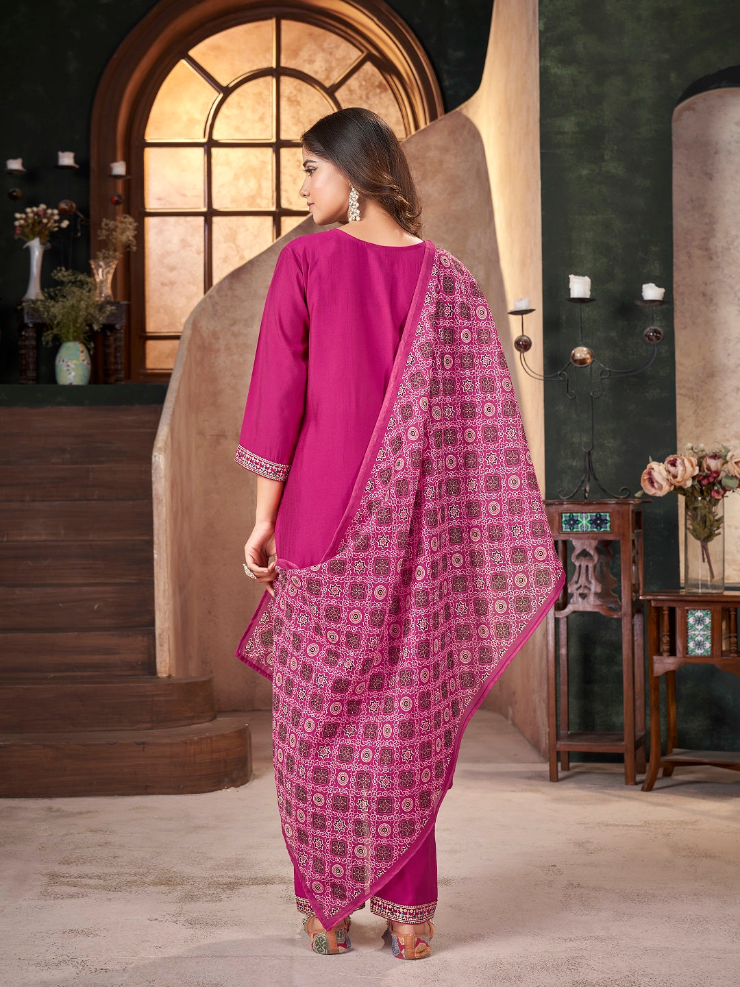 Rose Solid & Embroidered Silk Straight Kurta Pant Dupatta Set