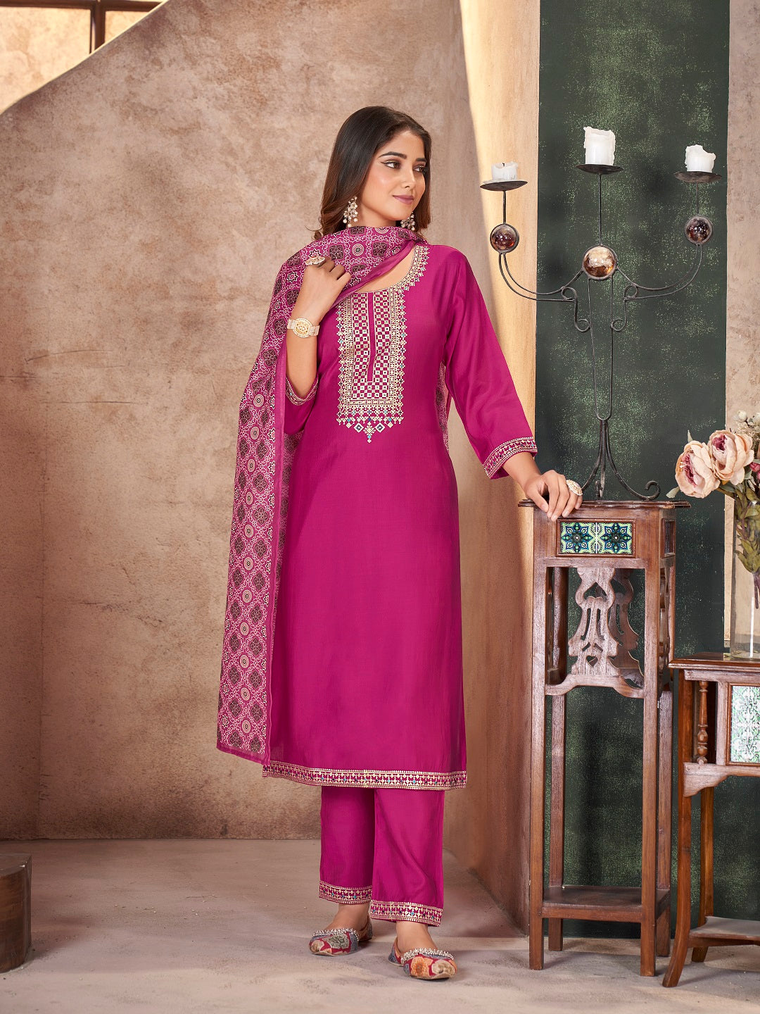 Rose Solid & Embroidered Silk Straight Kurta Pant Dupatta Set