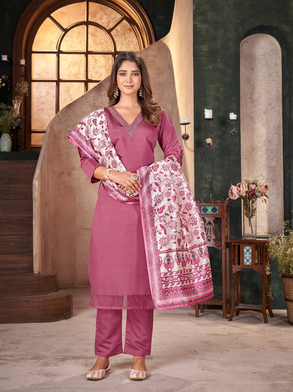 Rose Pink Solid & Embroidered Silk Straight Kurta Pant Dupatta Set